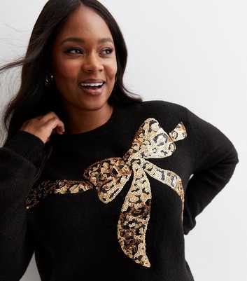 Curves Black Knit Sequin Bow Christmas Jumper