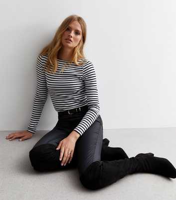 White Stripe Ribbed Slash Neck Top