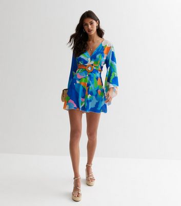 Cameo Rose Blue Abstract Cut Out Playsuit New Look