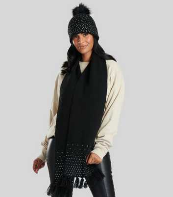 South Beach Black Embellished Hat and Scarf Set