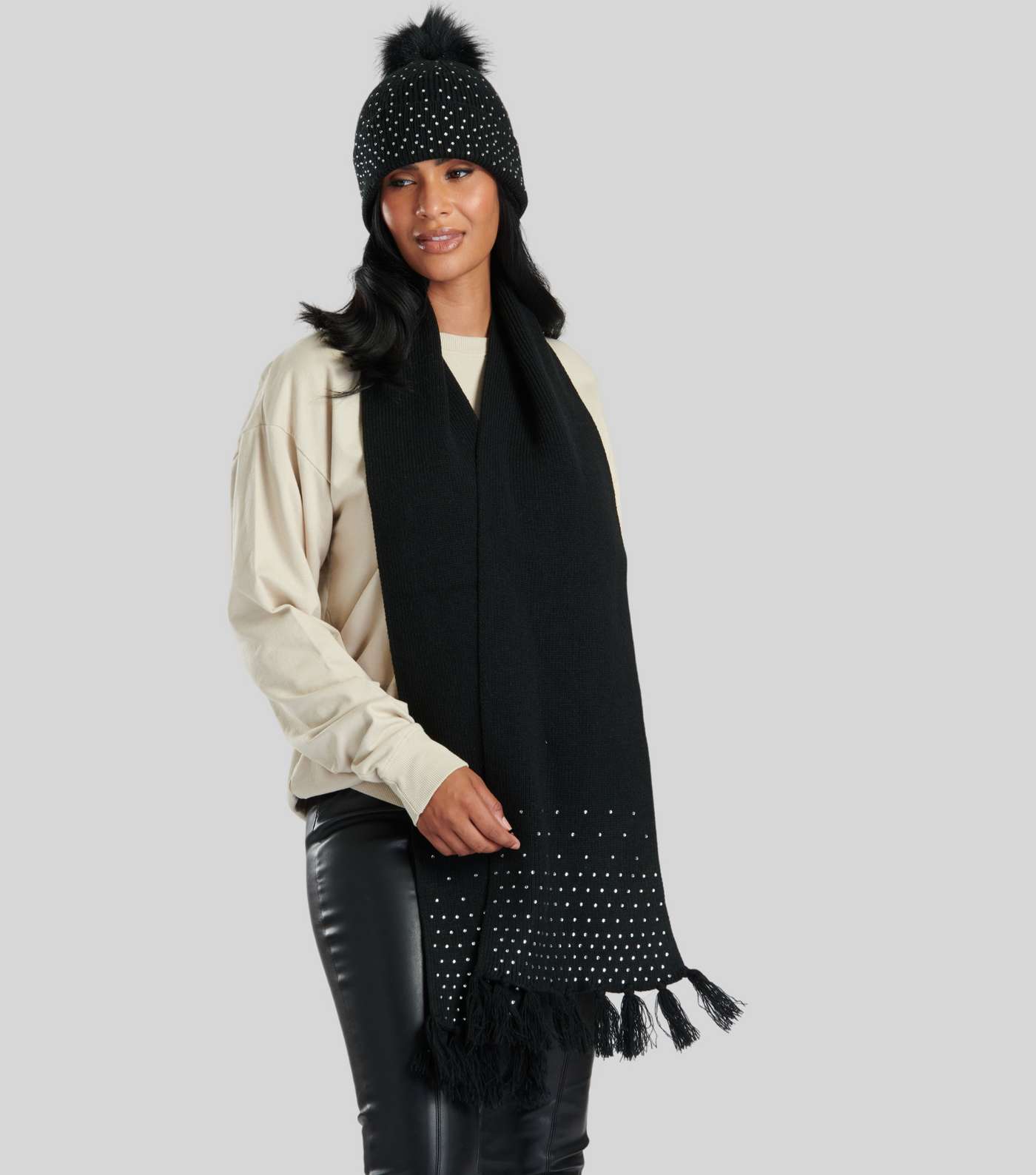 South Beach Black Embellished Hat and Scarf Set Image 2