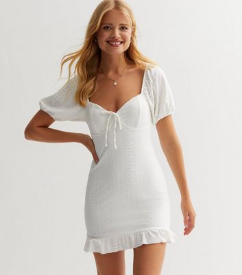 White Broderie Sweetheart Puff Sleeve Mini Dress | New Look