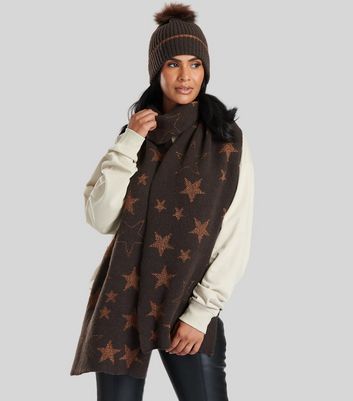 South Beach Brown Star Print Hat and Scarf Set New Look