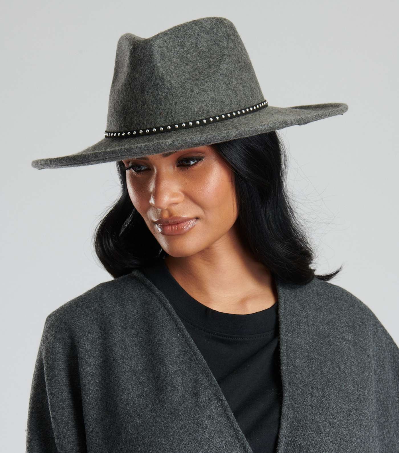 South Beach Grey Wool Stud Trim Fedora Hat Image 3