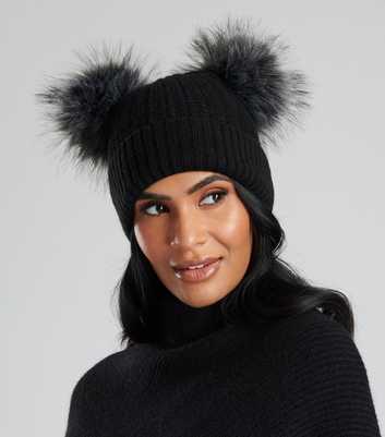 South Beach Black Knit Double Faux Fur Bobble Hat