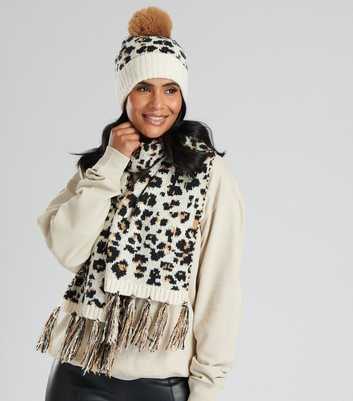 South Beach Brown Leopard Print Knit Hat and Scarf Set