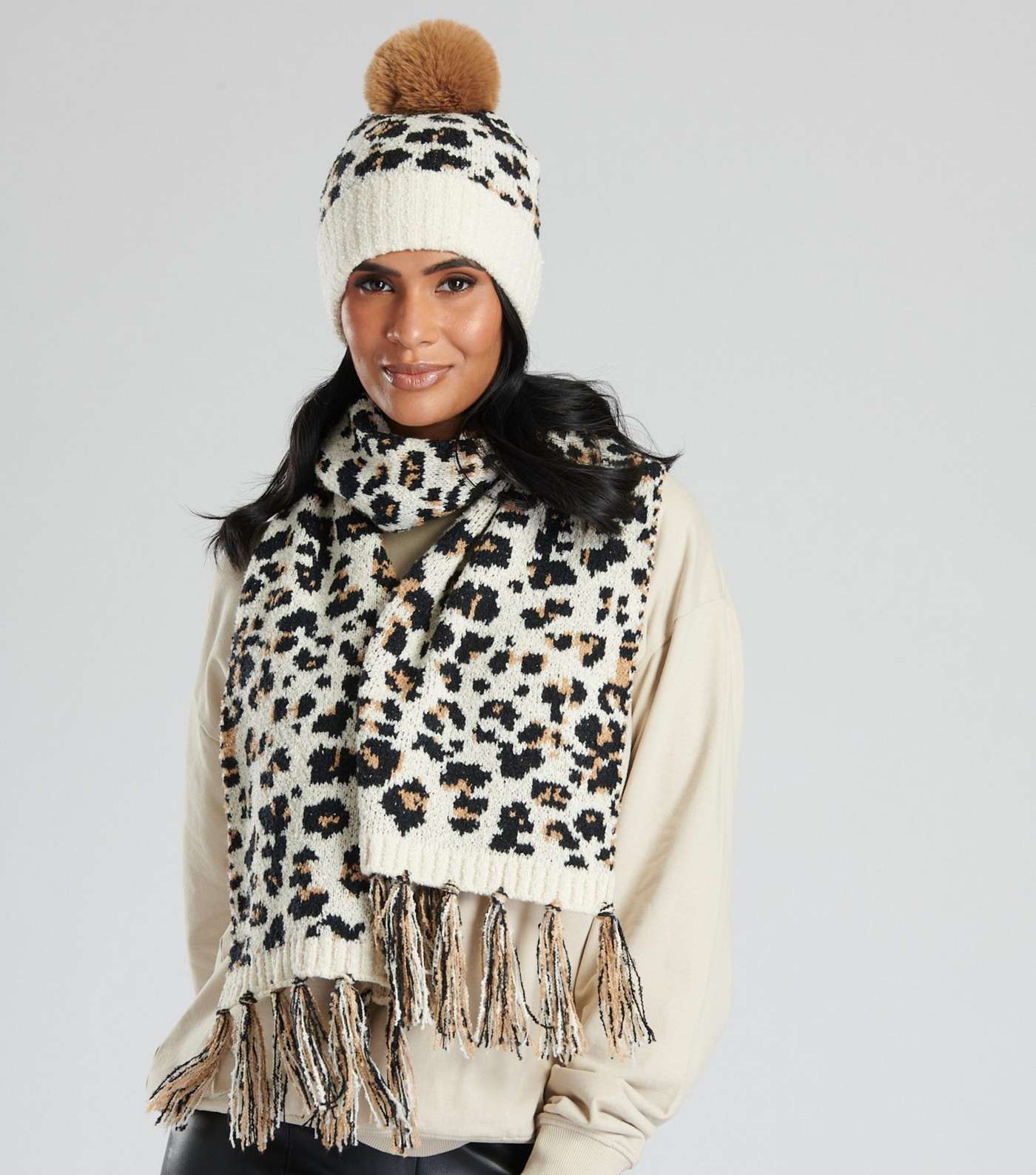 South Beach Brown Leopard Print Knit Hat and Scarf Set Image 2
