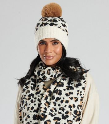 South Beach Brown Leopard Print Knit Hat and Scarf Set New Look