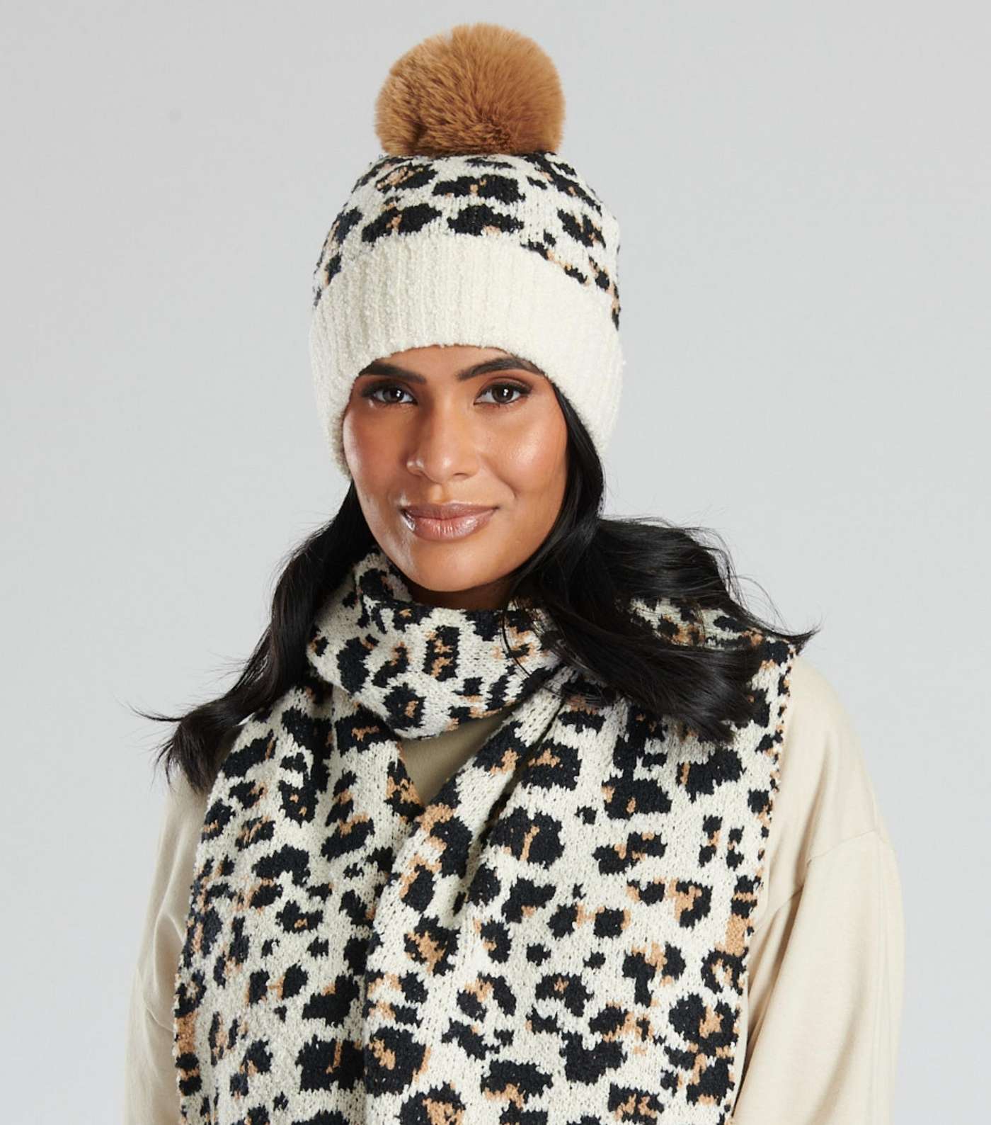 South Beach Brown Leopard Print Knit Hat and Scarf Set Image 4