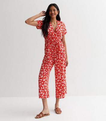 Red Floral Wide Leg Wrap Jumpsuit New Look