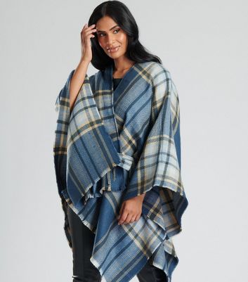 South Beach Blue Check Belted Waist Blanket Wrap New Look