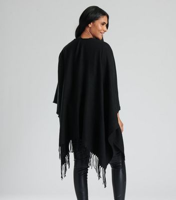 South Beach Black Fringe Knit Blanket Wrap New Look