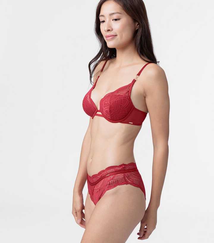 DORINA Fiesta Satin Push Up Plunge Bra With Contrast Lace Trim in Red