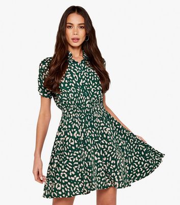 Apricot Green Leopard Print Shirred Mini Shirt Dress | New Look