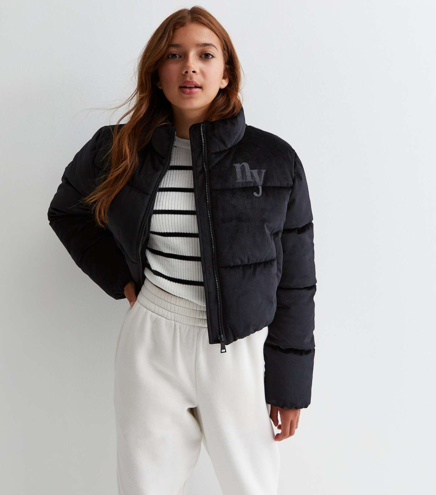 Girls Black Velvet Crop Puffer Jacket | New Look