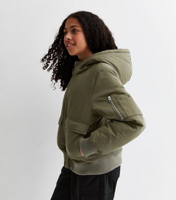 Girls Olive Hooded Bomber Jacket