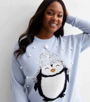 Curves Blue Knit Sequin Penguin Christmas Jumper New Look