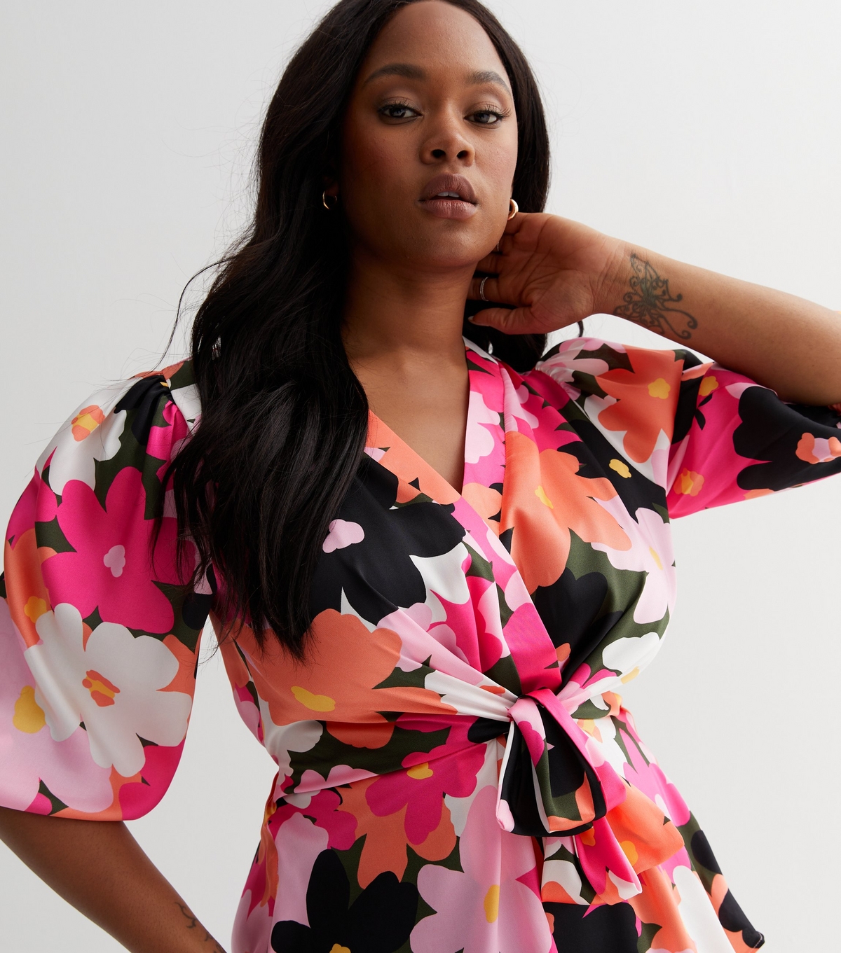 Women's Plus Size Black Floral Tie Front Top Curves New Look