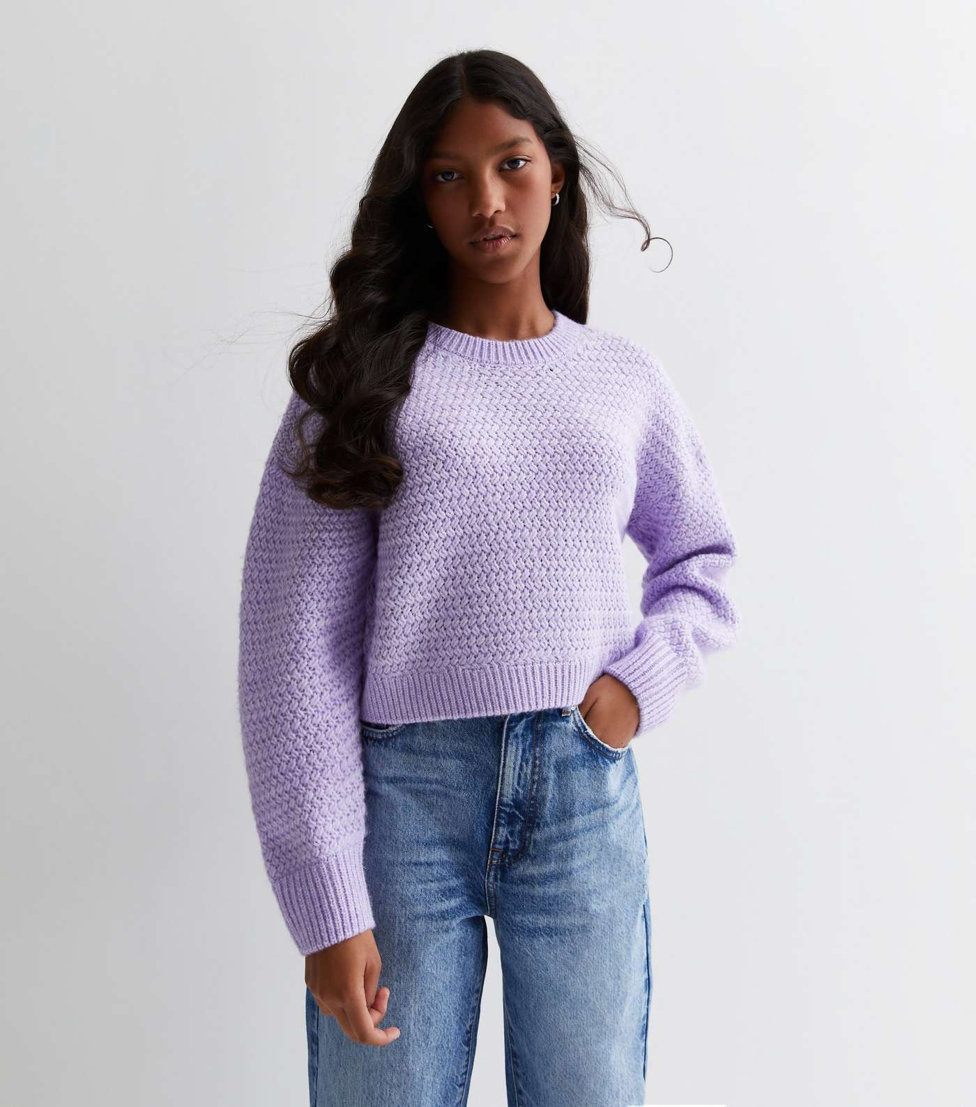 Girls Light Purple Cross Stitch Knit Jumper Image 3