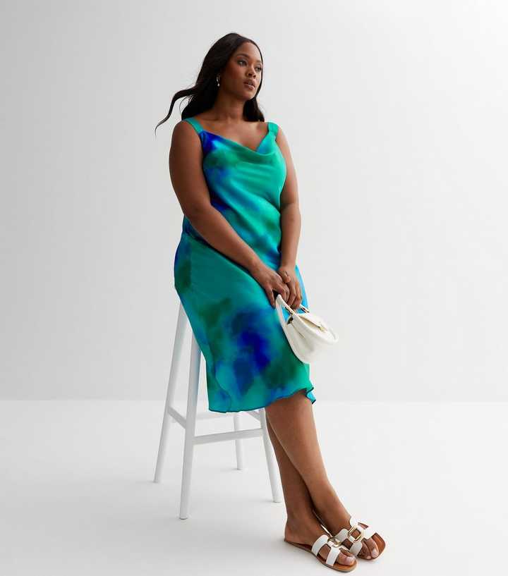 Curves Blue Tie Dye Cowl Neck Midi Dress | New Look