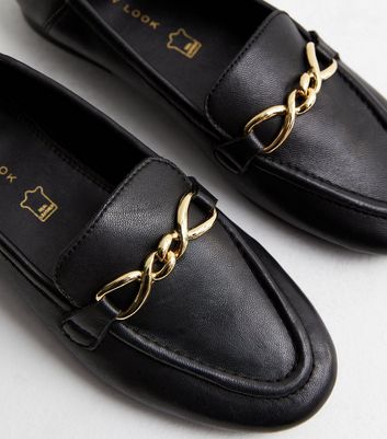 Black Leather Snaffle Trim Loafers New Look