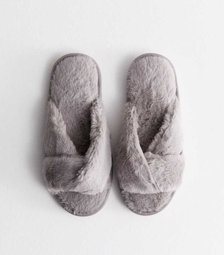 Grey Faux Fur Twist Slider Slippers