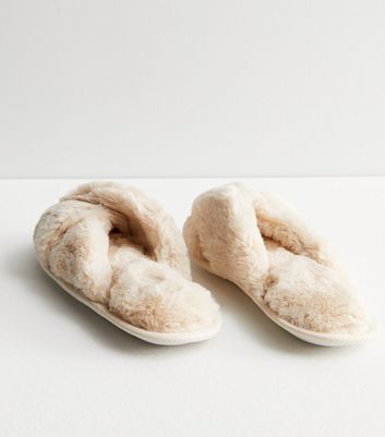 Cream Faux Fur Twist Slider Slippers New Look