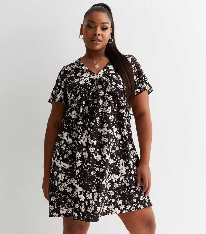 Curves Black Daisy Print Mini Dress