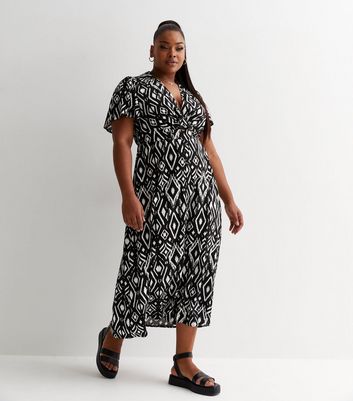 Curves Black Abstract Print Twist Front Midi Dress New Look