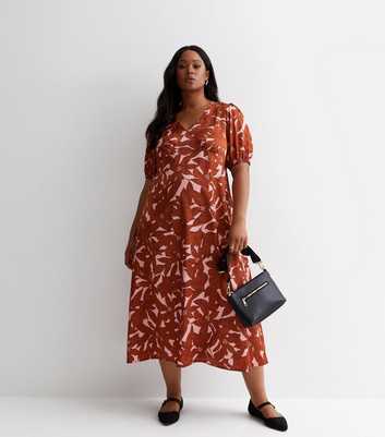 Curves Brown Floral Satin Midi Dress