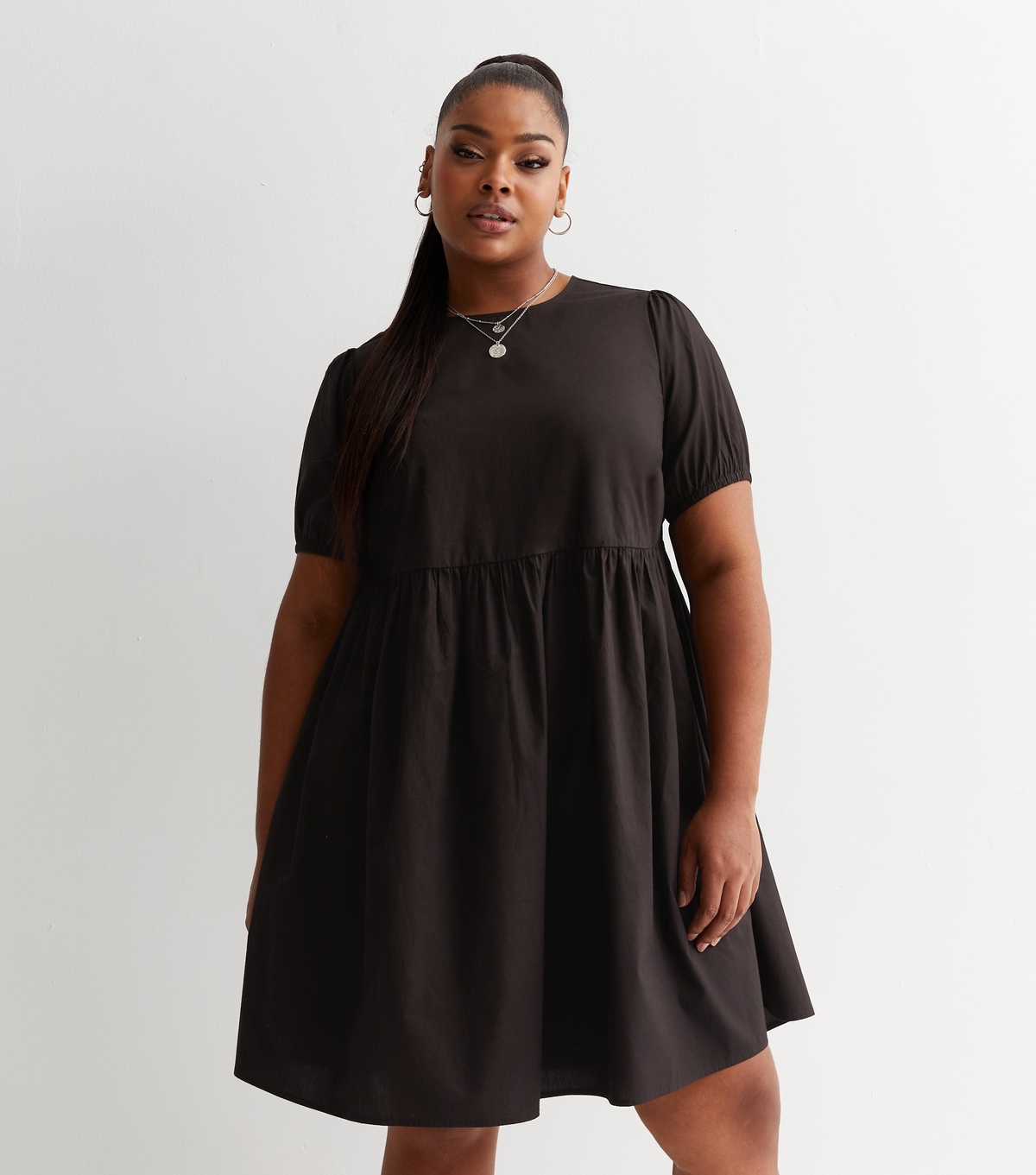 Women's Plus Size Black Cotton Tiered Mini Smock Dress Curves New Look