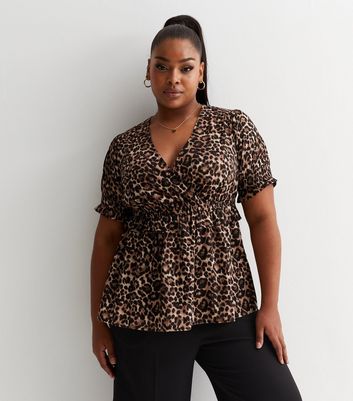 Tops - Curves Brown Animal Print Frill Waist Wrap Top