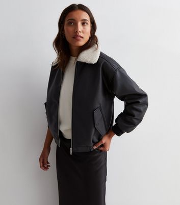 Black Leather Look Collared Bomber Jacket New Look