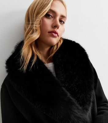 Black Faux Fur Collared Long Coat New Look