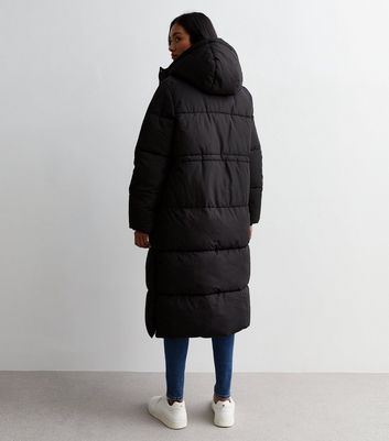 Black Drawcord Long Puffer Coat