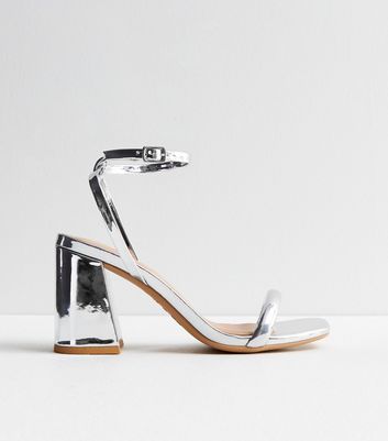 silver 2 part block heel sandals