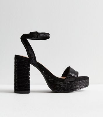 Black Sequin 2 Part Platform Block Heel Sandals New Look Vegan