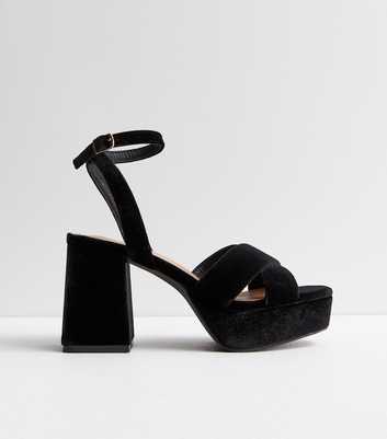 Black Velvet 2 Part Platform Block Heel Sandals