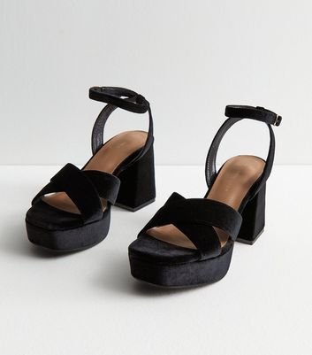 Black Velvet 2 Part Platform Block Heel Sandals New Look