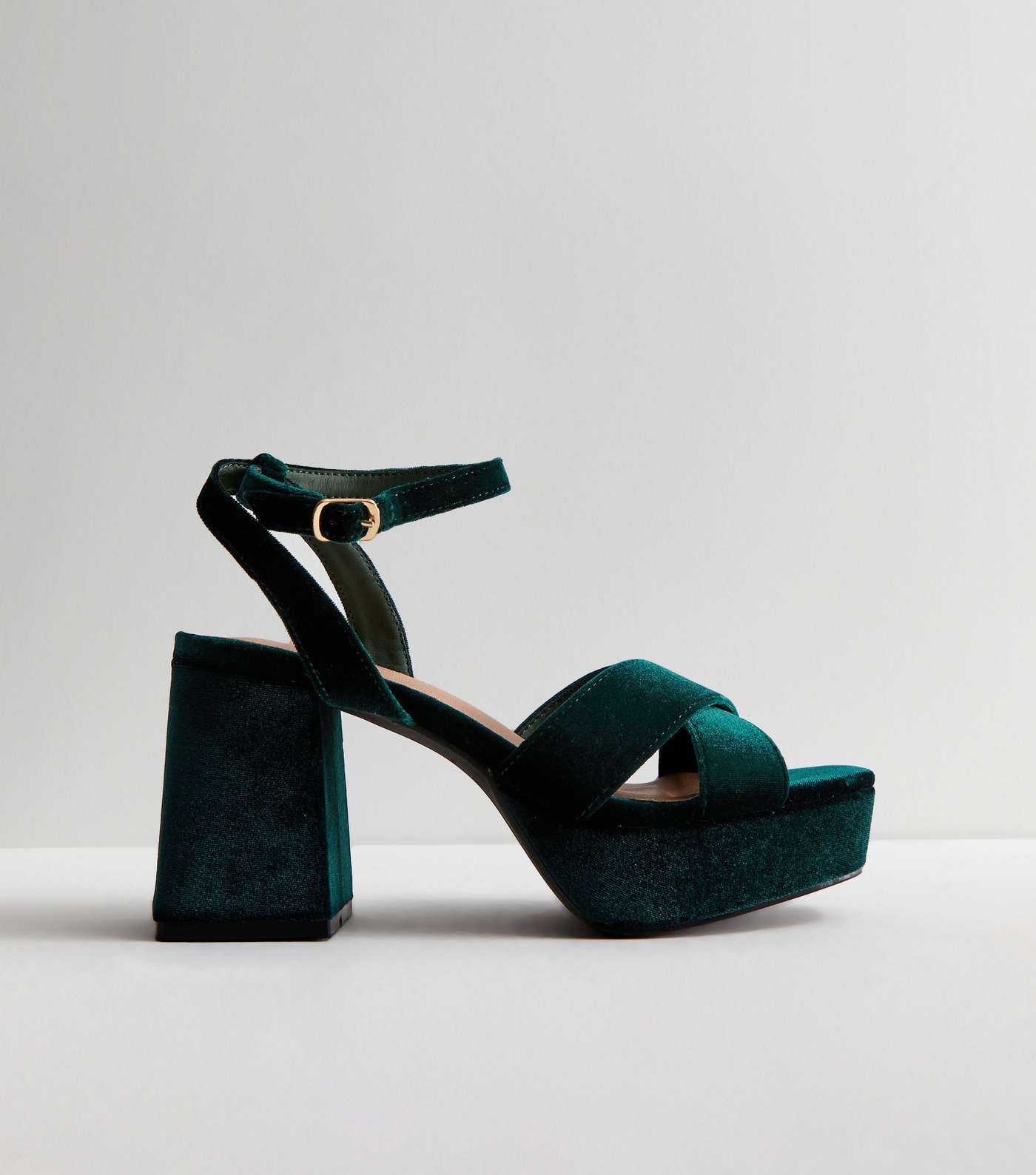 Dark Green Velvet 2 Part Platform Block Heel Sandals