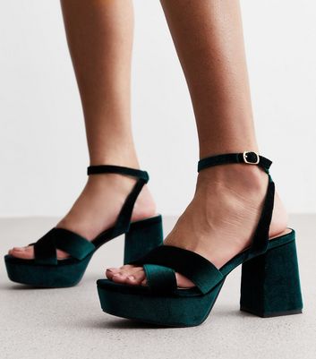 Dark Green Velvet 2 Part Platform Block Heel Sandals New Look Vegan