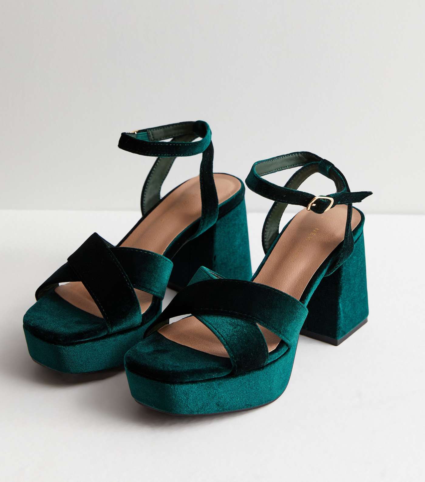 Dark Green Velvet 2 Part Platform Block Heel Sandals Image 5