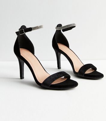 Black Velvet Diamante Strap Stiletto Heel Sandals New Look