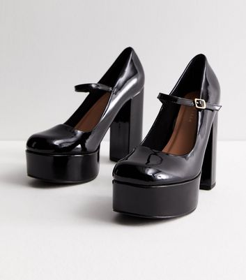 Black Patent Platform Block Heel Mary Jane Shoes