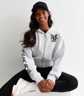 Girls Grey NYC Logo Zip Up Hoodie New Look