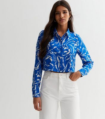 Tall Blue Abstract Print Collared Crop Shirt New Look
