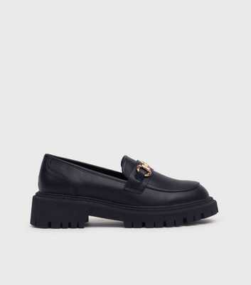 London Rebel Black Leather-Look Bar Trim Chunky Loafers