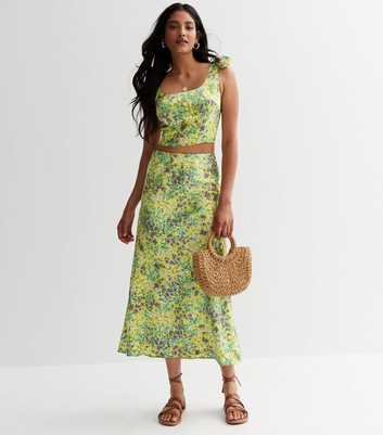 Green Floral Satin Midaxi Skirt