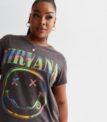 Curves Grey Cotton Acid Wash Nirvana Logo T-Shirt | New Look