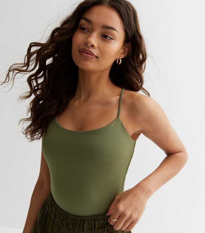 Petite Khaki Slinky Strappy Bodysuit | New Look